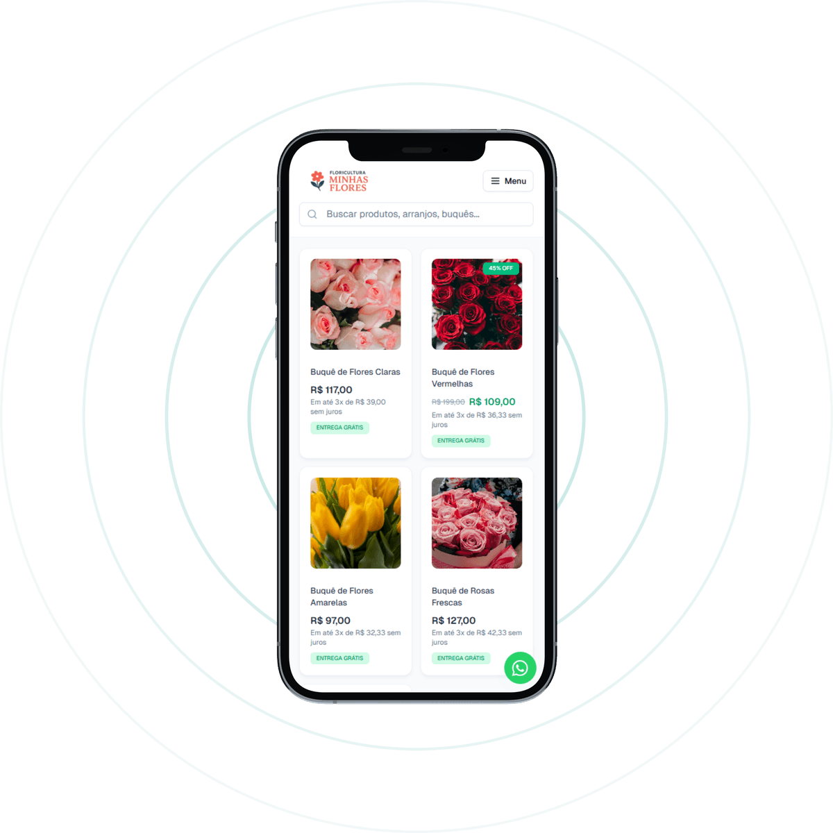 Mockup do catálogo digital FloreShop em um smartphone mostrando produtos de floricultura